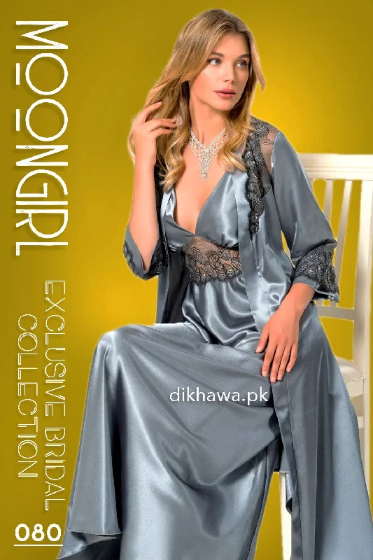 Moongirl - Exclusive Bridal 2Pc Long Nighty Set with Robe - Wedding Nightwear 080 - Turkish Brand