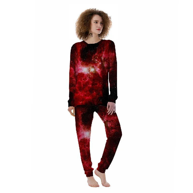 Universe Galaxy Space Red Stardust Print Women's Pajamas