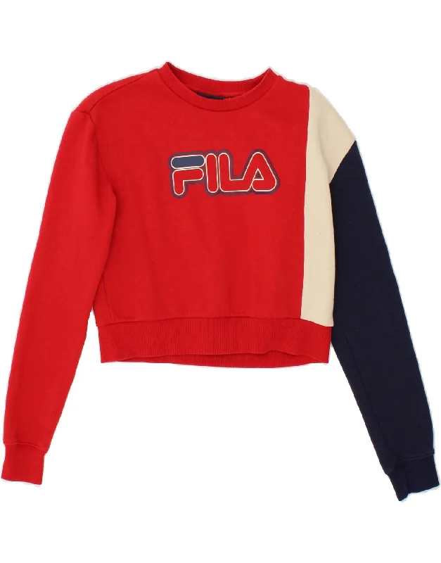 FILA Womens Crop Graphic Sweatshirt Jumper UK 6 XS Red Colourblock Cotton