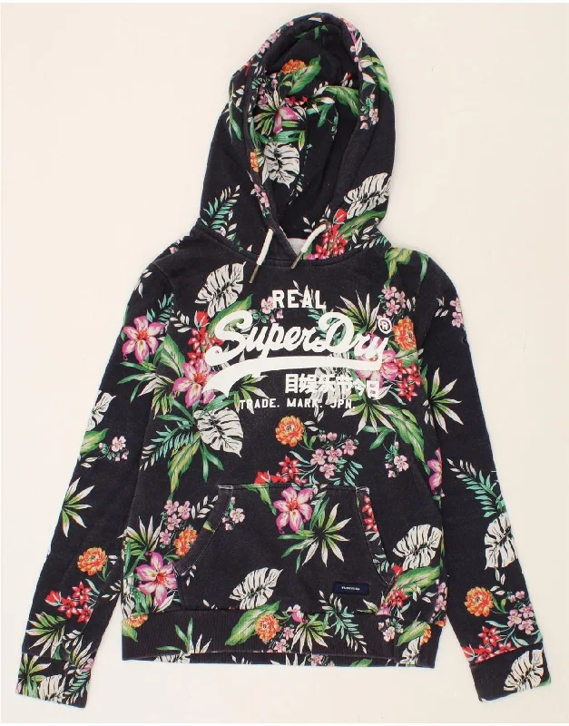 SUPERDRY Womens Graphic Hoodie Jumper UK 10 Small  Navy Blue Floral Cotton