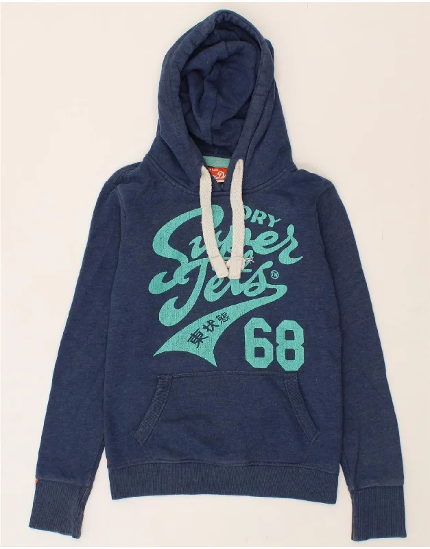 SUPERDRY Womens Graphic Hoodie Jumper UK 6 XS Navy Blue Cotton