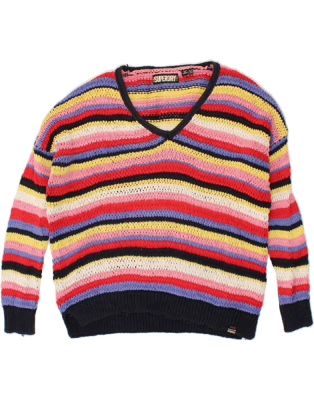 SUPERDRY Womens V-Neck Jumper Sweater UK 12 Medium  Multicoloured Striped