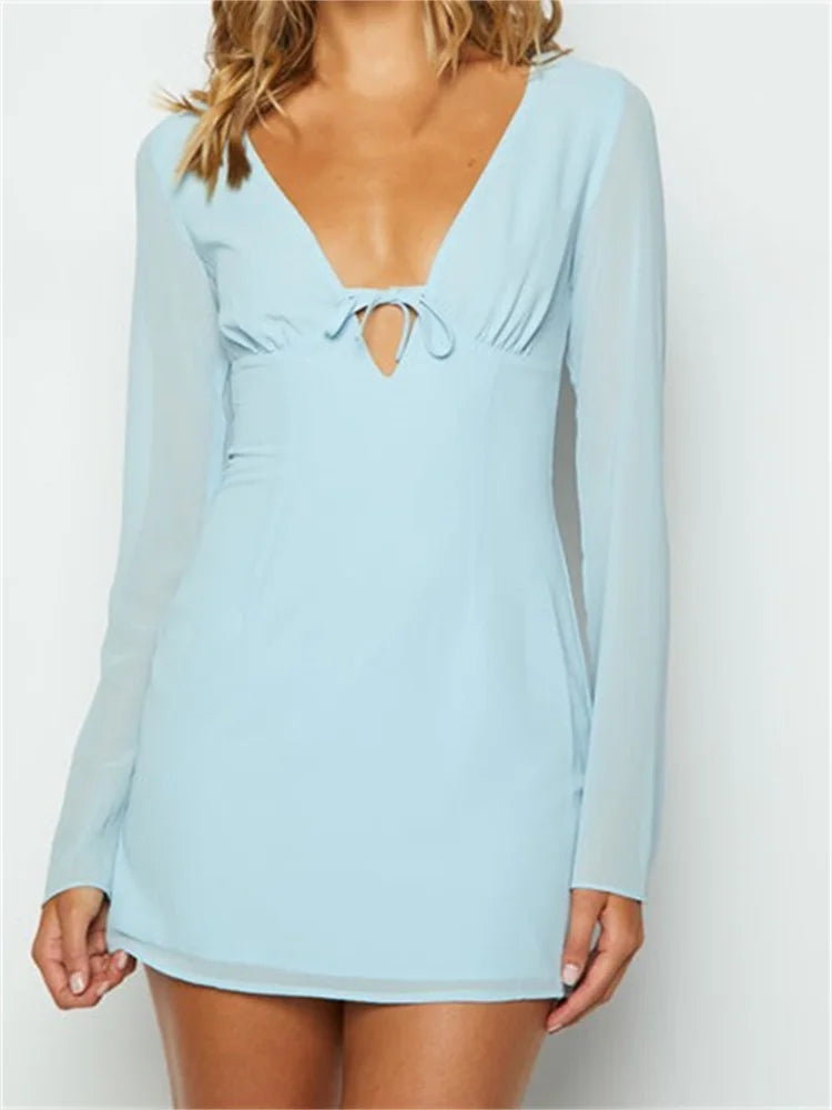 Elegant Long Sleeve Solid Casual Deep V Neck Mini Dress