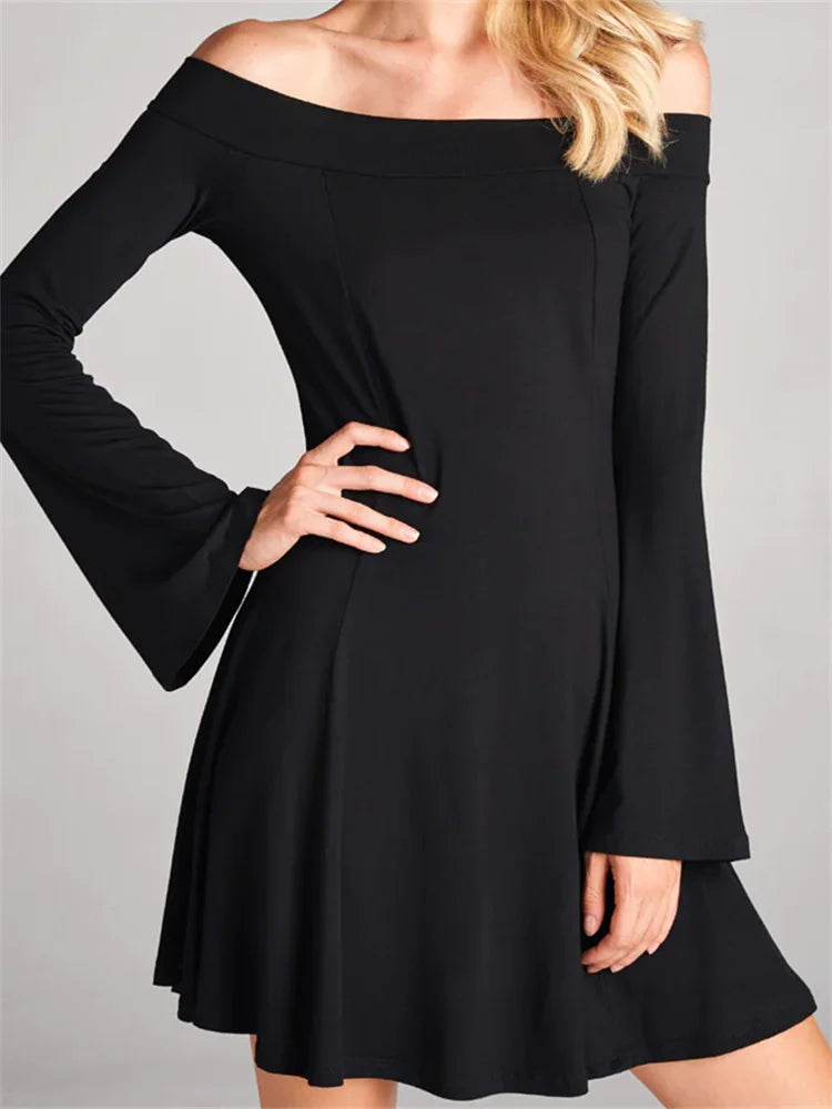 Elegant Off Shoulder Solid Color Long Sleeve Party Mini Dress