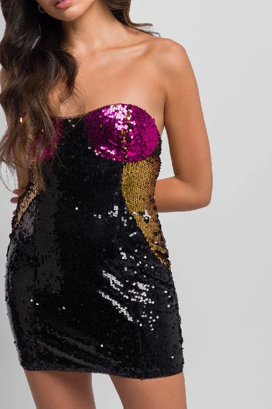 Ella Mini Sequin Dress in Black Pink and Gold with Cups