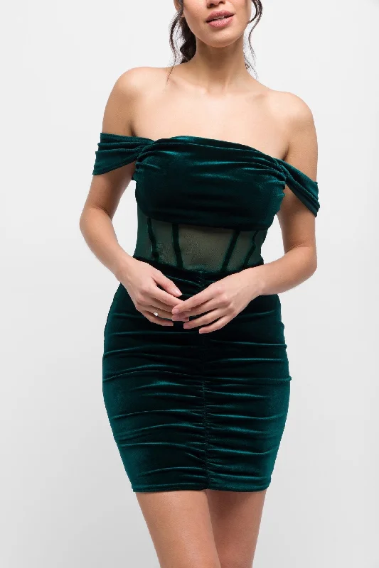 Joci Mini Dress in Emerald Green with Mesh Boning. Luxe & Alluring