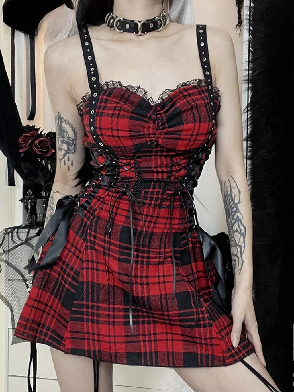 Red Plaid Street Goth Fairy Y2K Pleated Lace-Up Tube Lolita Eyelet Corset Mini Dress