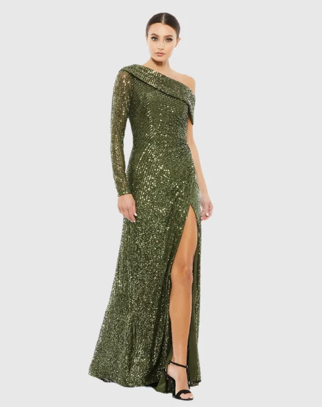 Sequined Drop Shoulder Faux Wrap Gown