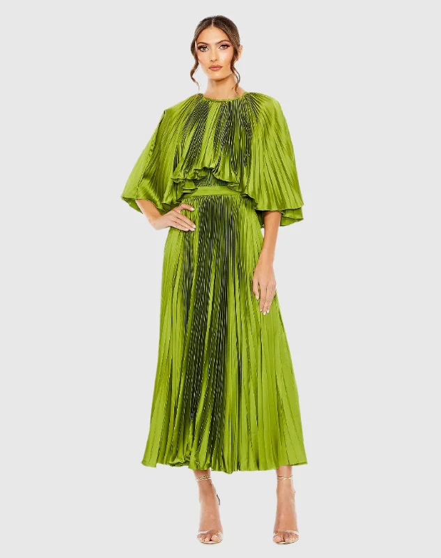 Green Pleated Caplet Tea-length Dress