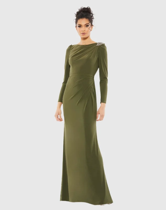 Green Draped Bateau Long Sleeve Trumpet Gown