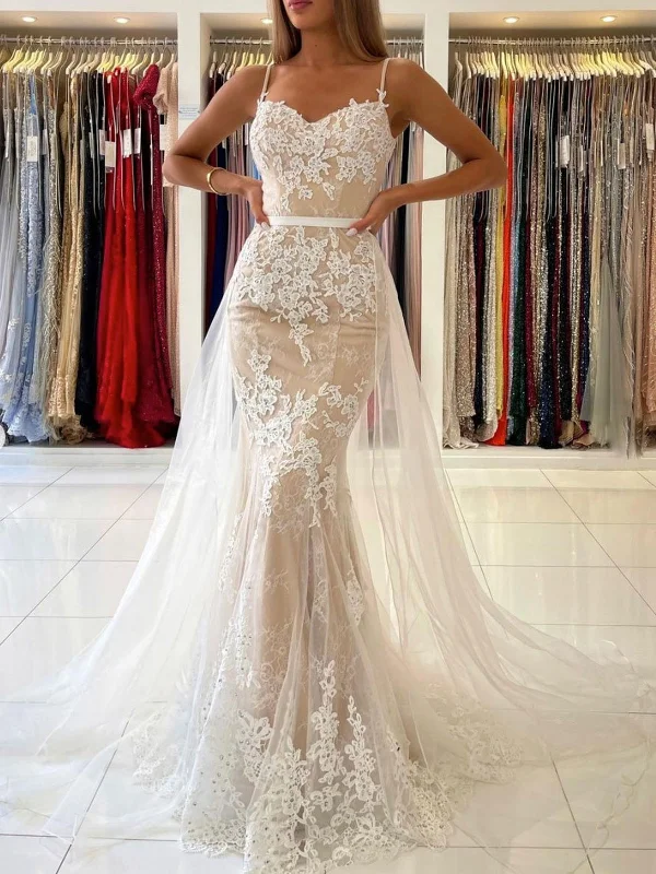 Elegant V Neck Mermaid Open Back Champagne Lace long Prom Dresses, Champagne Lace Formal Graduation Evening Dresses SP2103