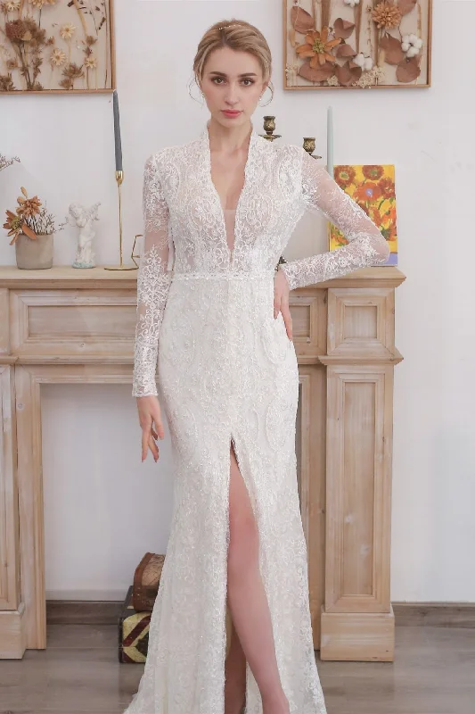 Modest High Neck Long Wedding Dress with Slit