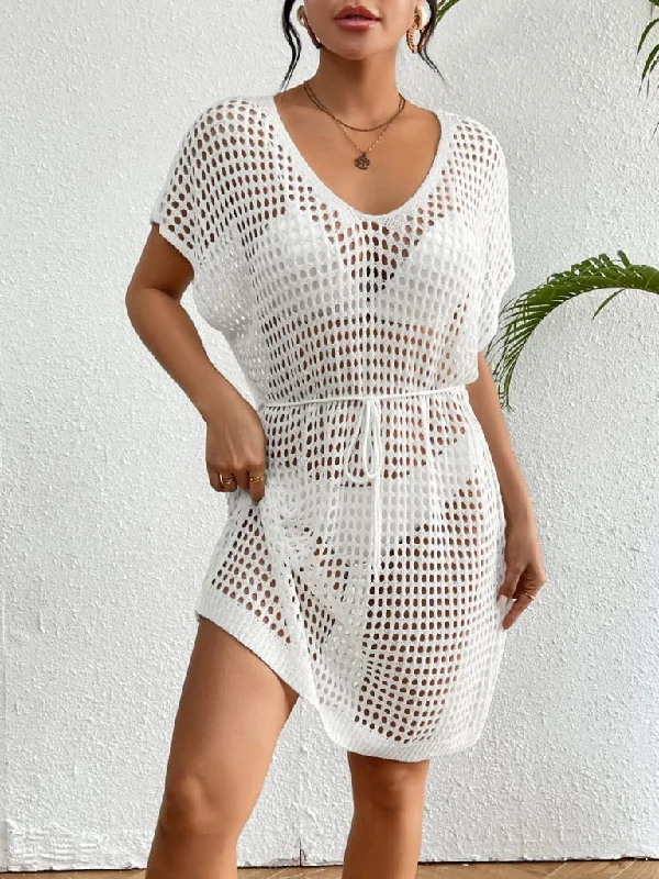 Solid V-Neck Crochet Long Sleeve Beach Cover Up