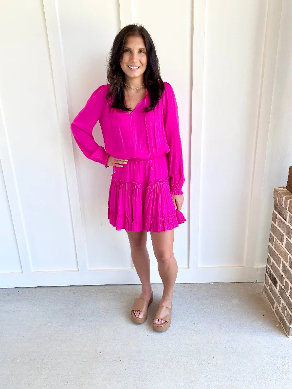 Hyper Pink Long Sleeve Ruffled Dress