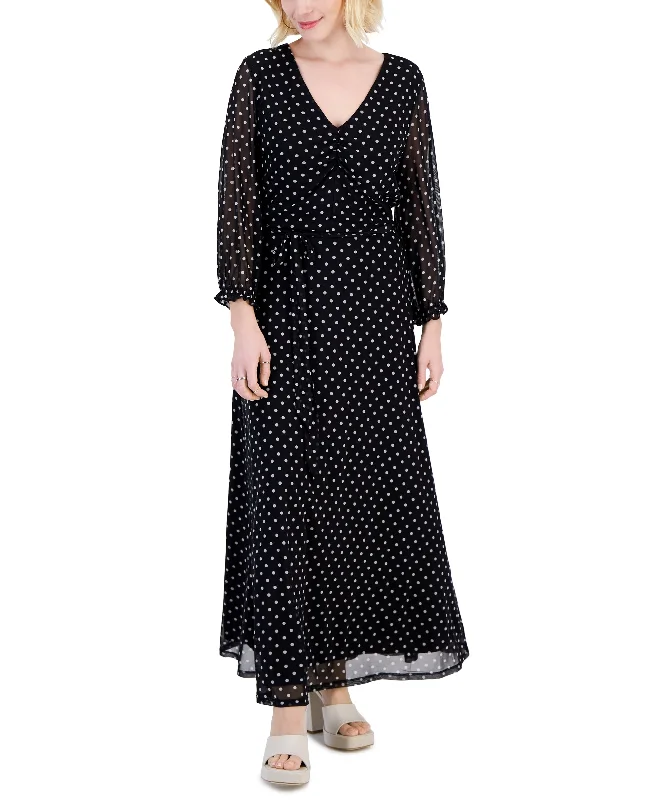 Petite Dot-Print Tie-Waist A-Line Maxi Dress