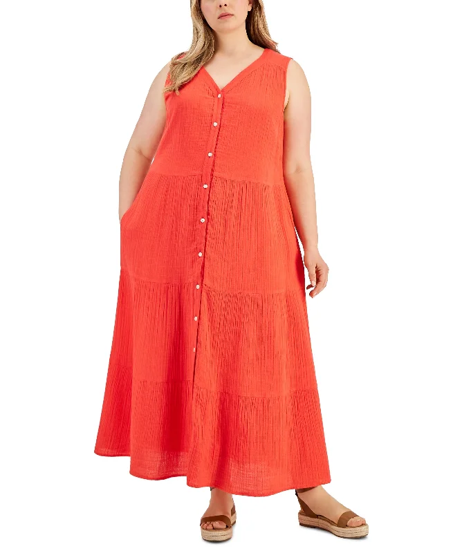 Plus Size Sleeveless Button- Front Maxi Dress