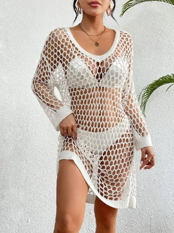 Solid color long sleeve fishnet crochet cover up