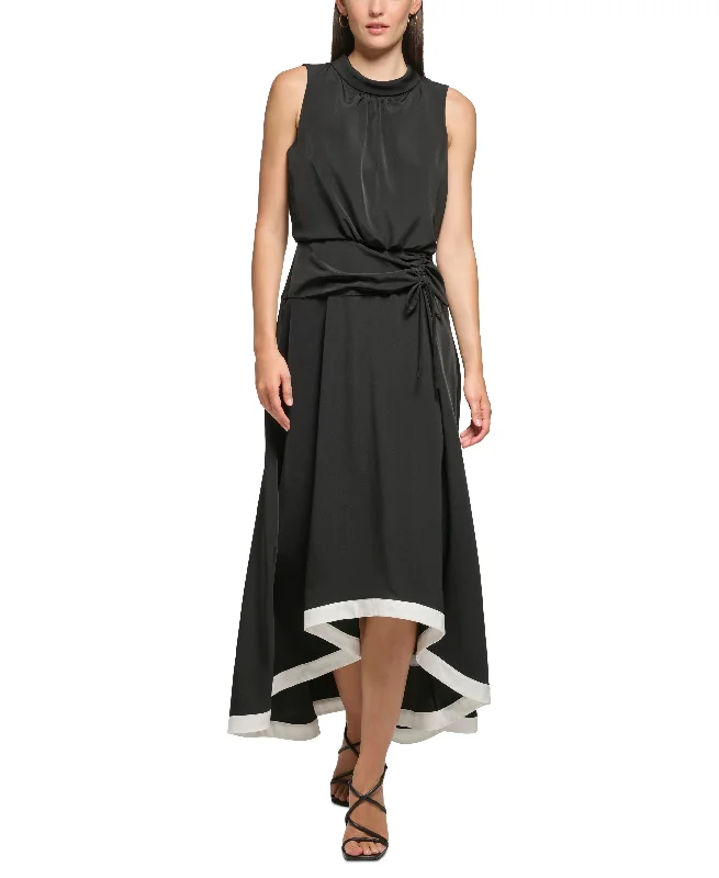 Women's Mock Neck Blouson Contrast-Hem Maxi Dress