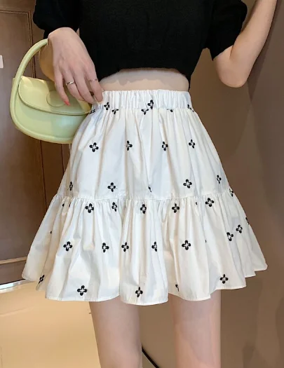 cute summer female print white black retro pleated mini skirt