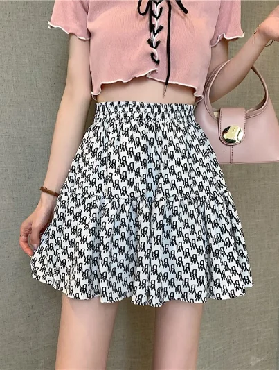 fashion summer female print high waist skirt white black retro pleated mini skirt