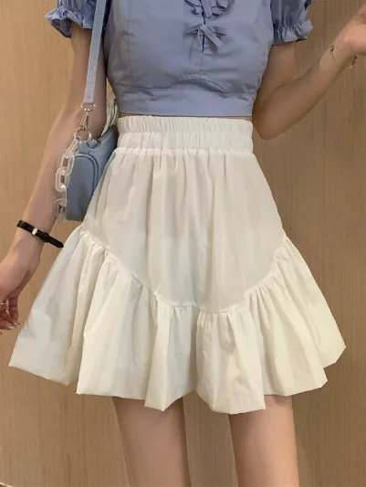 fashion summer female print white black retro pleated mini skirt