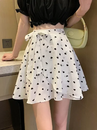 fashion summer polka dot female print high waist skirt white black retro pleated mini skirt