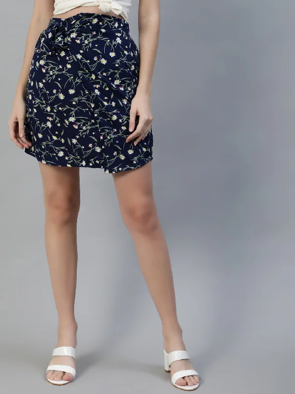 NOZ2TOZ Women Navy Blue Floral Printed Mini Skirt