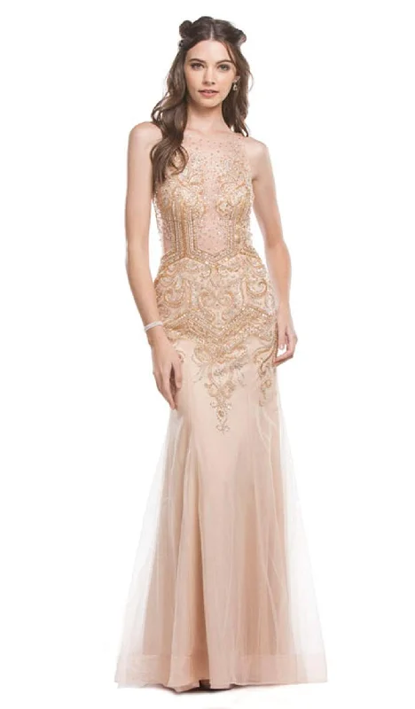 Aspeed Design - Bedazzled Illusion Bateau Sheath Evening Dress