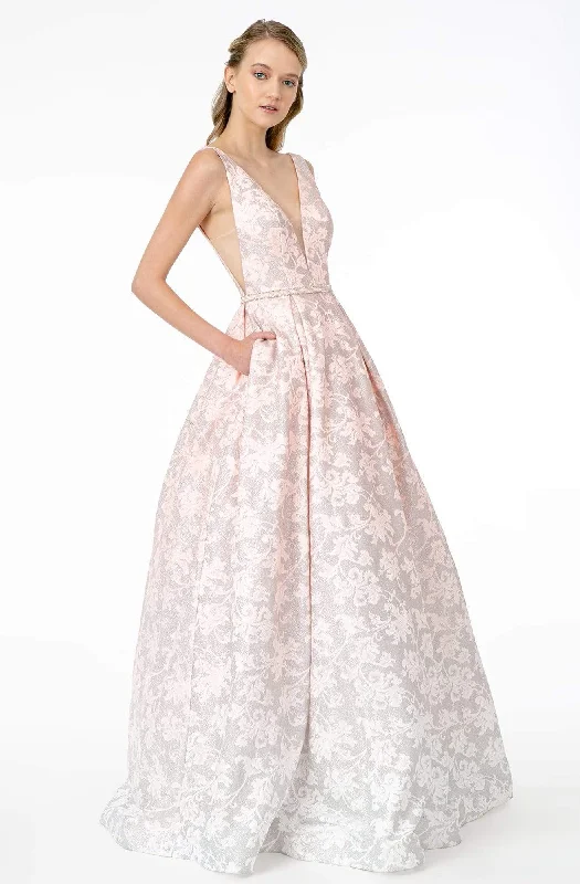 Elizabeth K - GL2897 Plunging Jeweled Waist Jacquard Gown