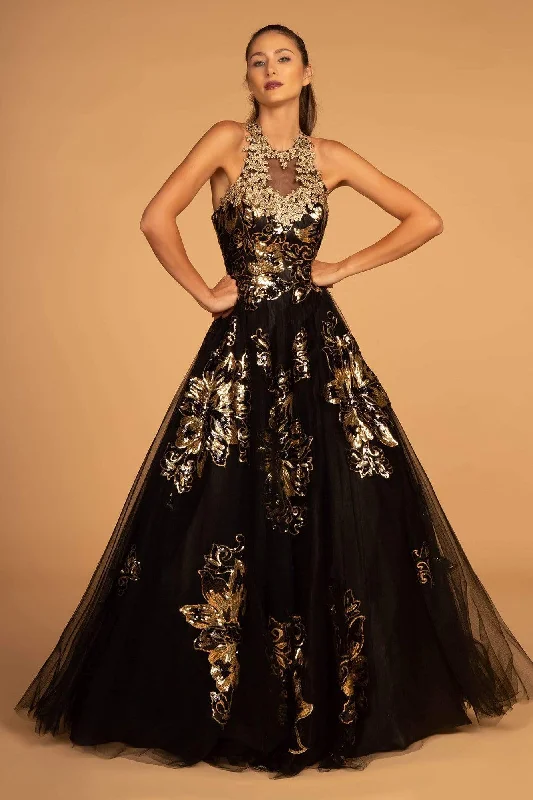 GLS by Gloria - GL2655 Gold Embellished Halter Evening Gown