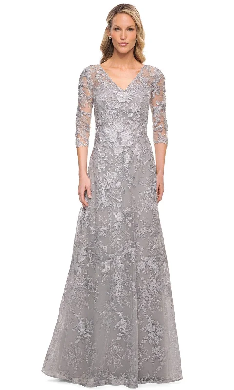 La Femme 29989 - Embroidered Sheer Lace Mother of the Groom V-Neck Gown