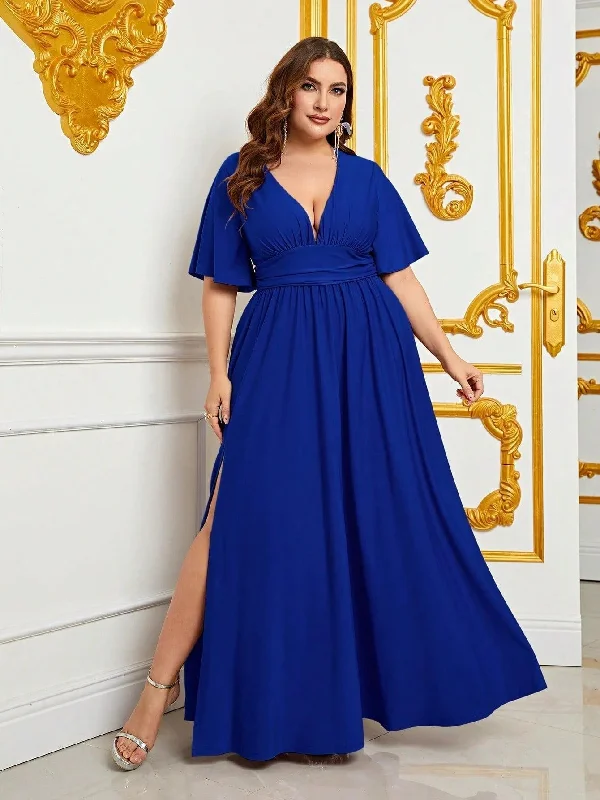 Plus V Neck Butterfly Sleeves Party Dress