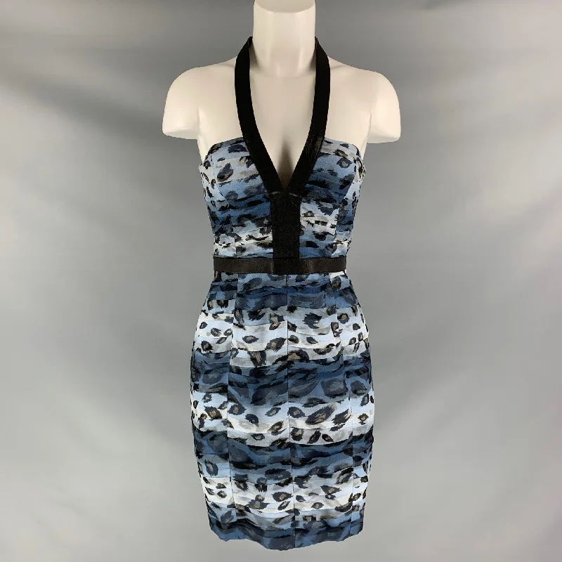 BURBERRY PRORSUM Spring 2011 Size 6 Blue Black Silk Camouflage Leather Knee-Length Dress