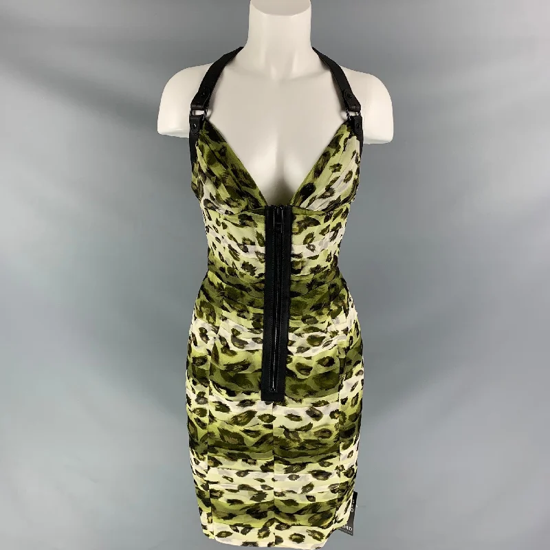 BURBERRY PRORSUM Spring 2011  Size 10 Green Black Silk Camouflage Leather Knee-Length Dress