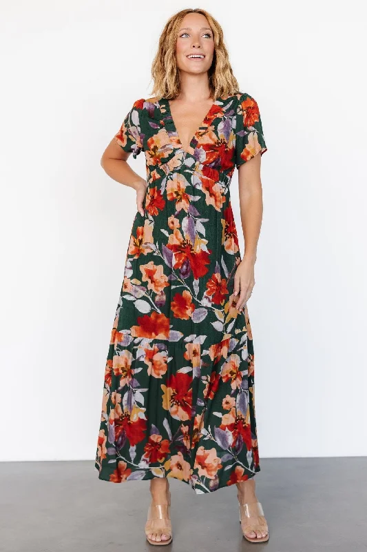 Cassie Short Sleeve Dress | Dark Green Floral