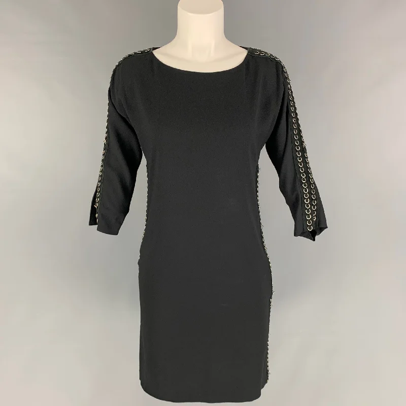 CHLOE Size M Black Crepe Suede Trim Metal Rings Dress