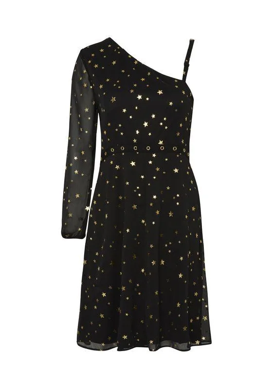 George Womens Gold Star Print Black Dress Lace floral dresses