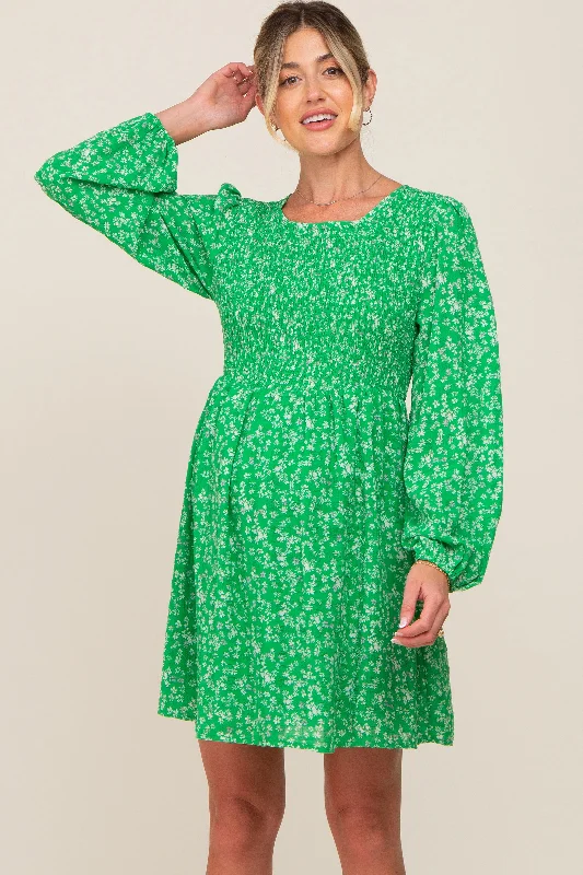 Green Floral Smocked Long Sleeve Maternity Dress