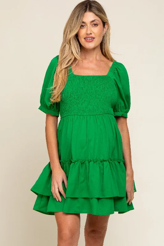 Green Puff Sleeve Ruffle Accent Maternity Dress