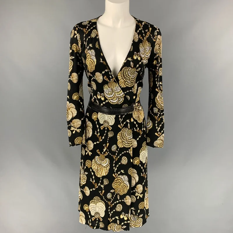 GUCCI Resort 2009 by Frida Giannini Size 6 Black & Brown Sea Shells Viscose Mid-Calf Wrap Dress