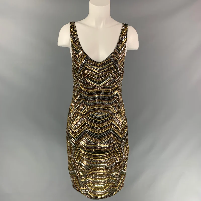 HAUTE HIPPIE Size L Forest Green & Gold Silk Beaded Sleeveless Dress