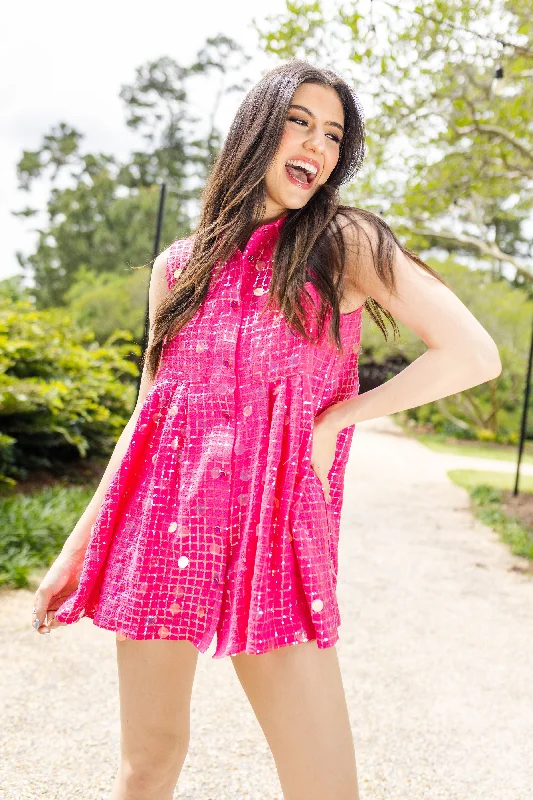 Hot Pink Checker Pailette Collar Dress