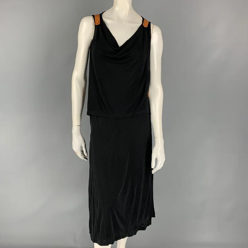 JEAN PAUL GAULTIER Size 6 Black & Tan Rayon Blend Mixed Fabrics Leather Wrap Dress