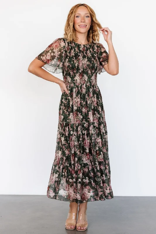 Mara Embroidered Tulle Dress | Dark Green + Blush Floral