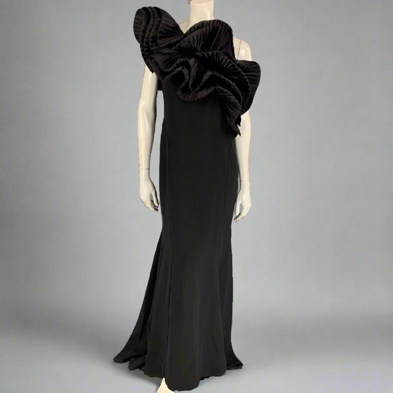 MARCHESA Size M Black Wool Ruffled One Shoulder Gown Dress