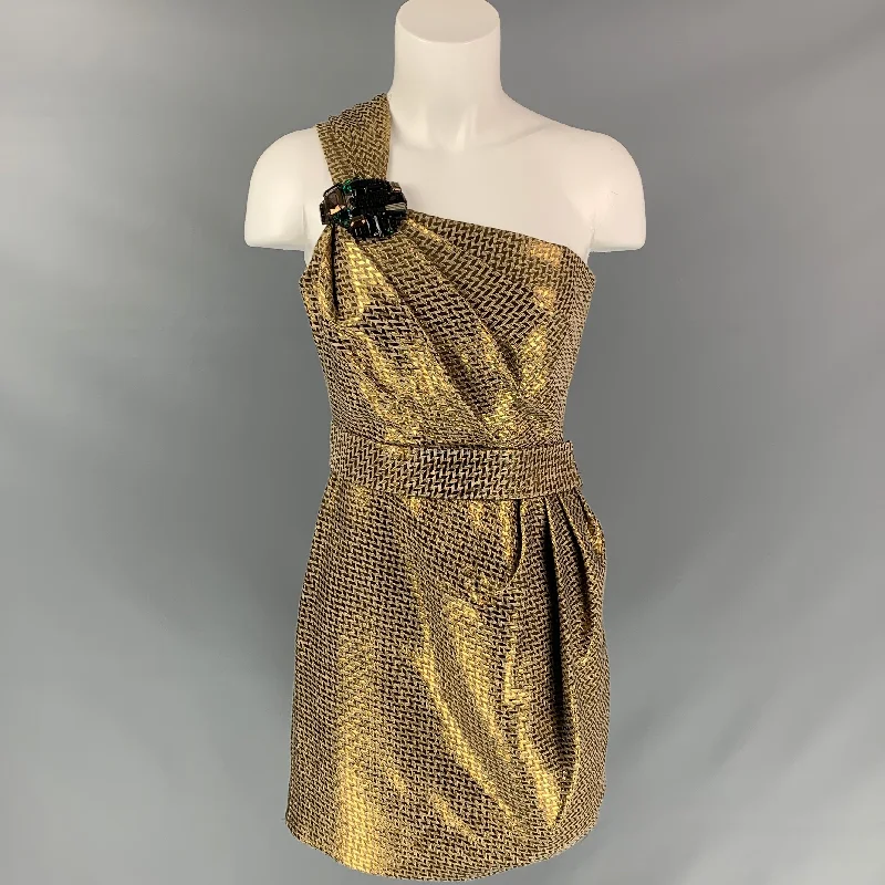 MATTHEW WILLIAMSON Size 4 Gold Cotton Blend Metallic One Shoulder Dress