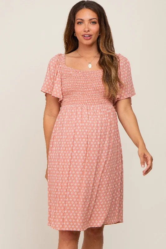 Mauve Printed Smocked Flutter Sleeve Maternity Dress