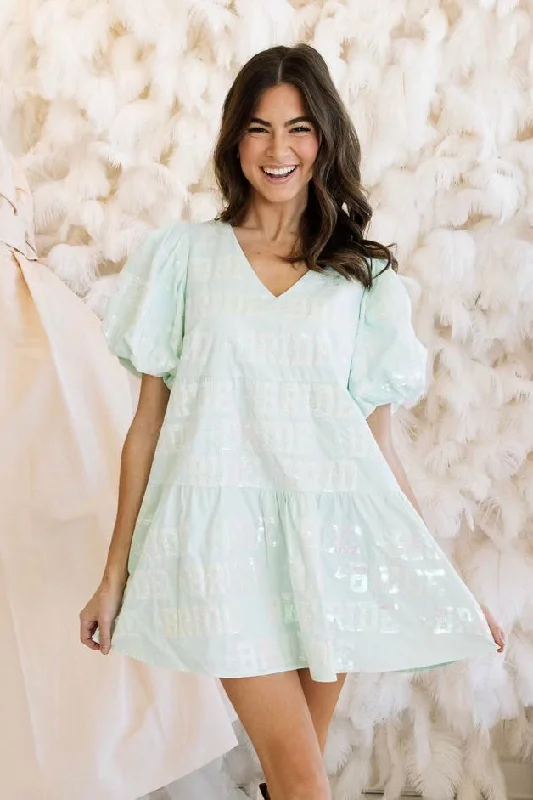 Mint Bride All Over Poof Sleeve Dress