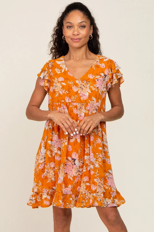 Orange Floral Flutter Sleeve Babydoll Dress