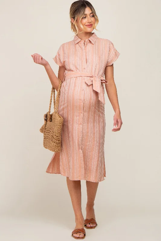 Peach Textured Stripe Button Front Linen Maternity Dress